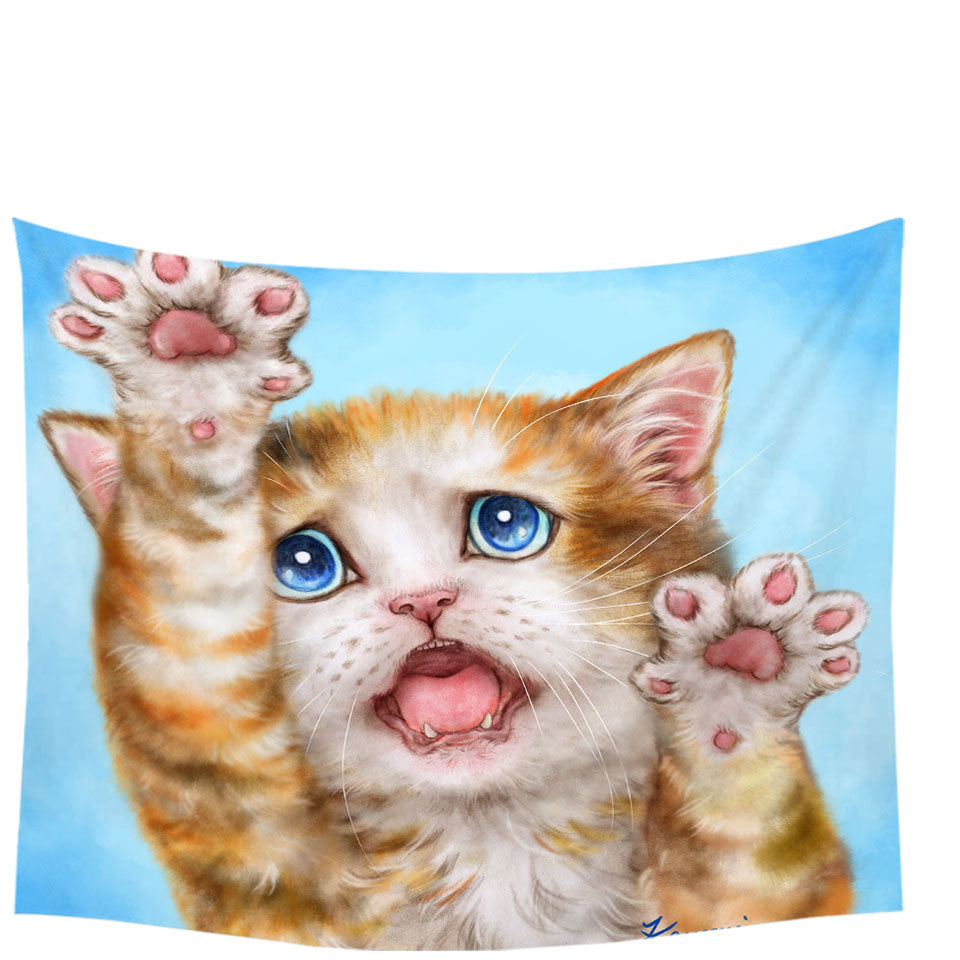 Funny Hanging Fabric On Wall with Kittens Stressed Ginger Kitty Cat over Blue