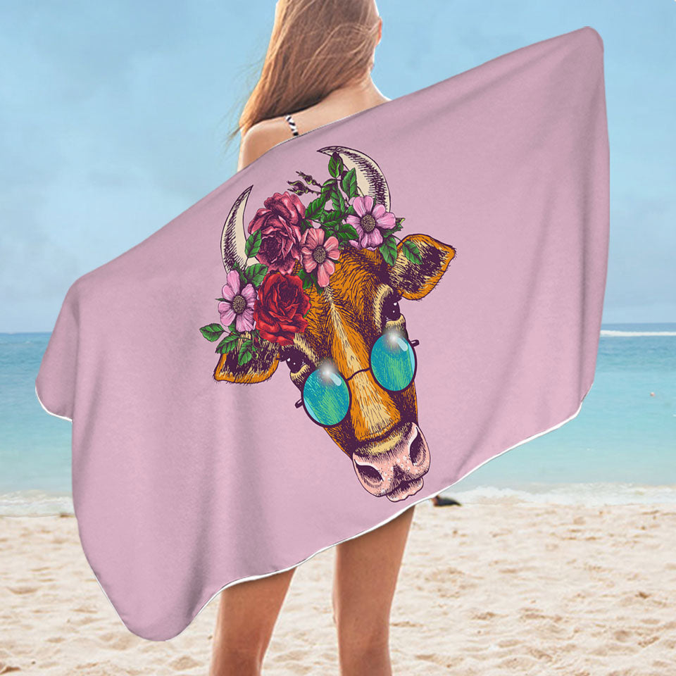 Funny Hipster Cow Microfiber Beach Towel