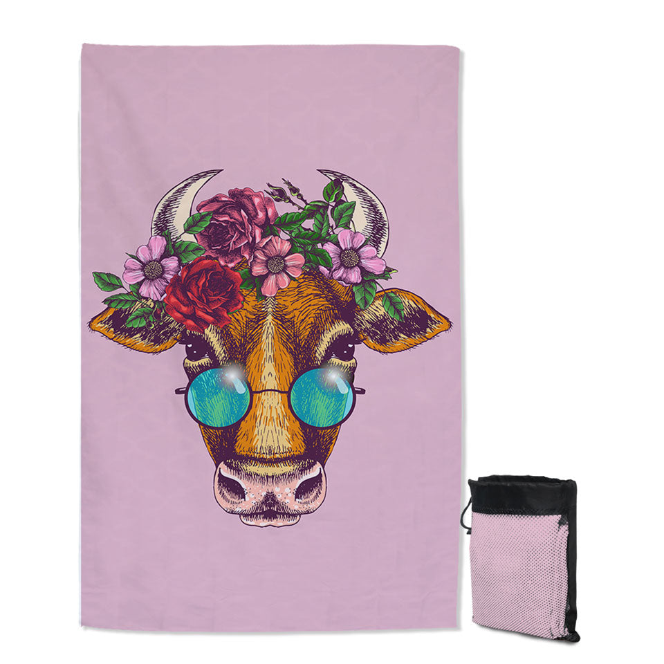Funny Hipster Cow Quick Dry Beach Towel