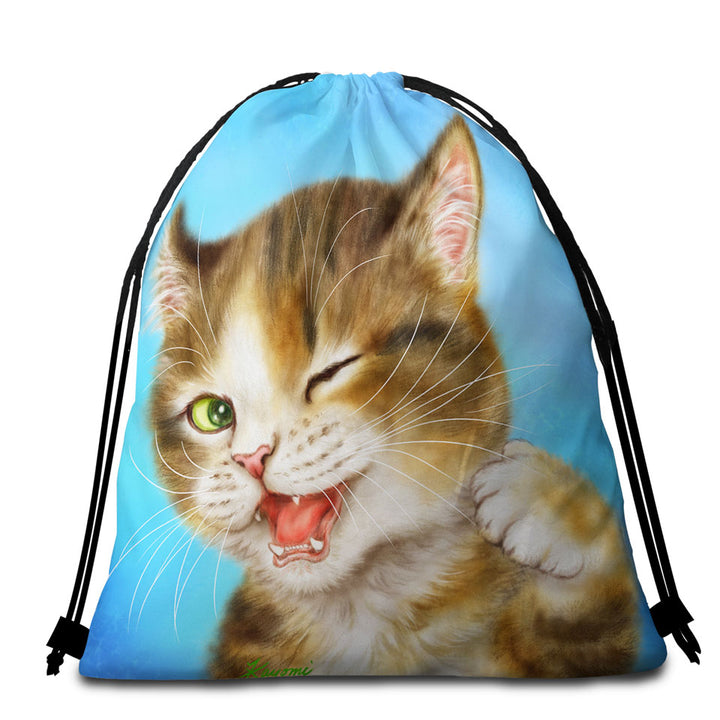 Funny Kids Beach Bags for Towels Cats Winking Little Kitty