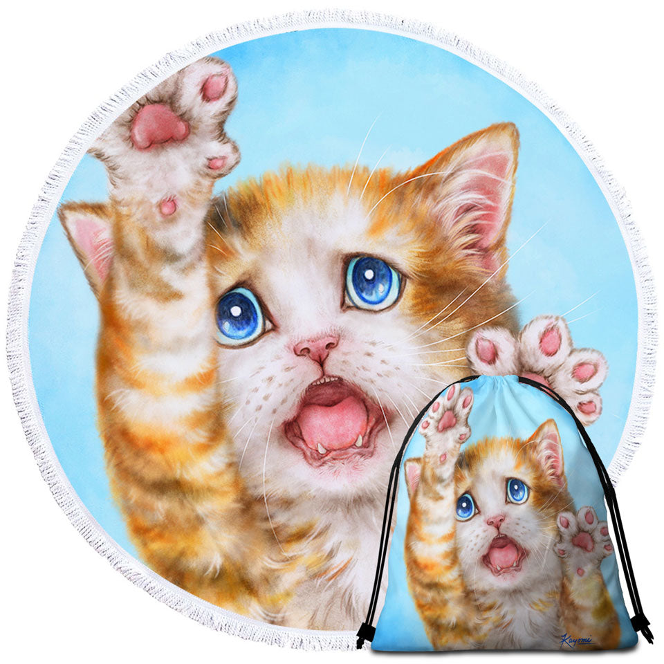 Funny Kids Beach Towels Kittens Stressed Ginger Kitty Cat over Blue