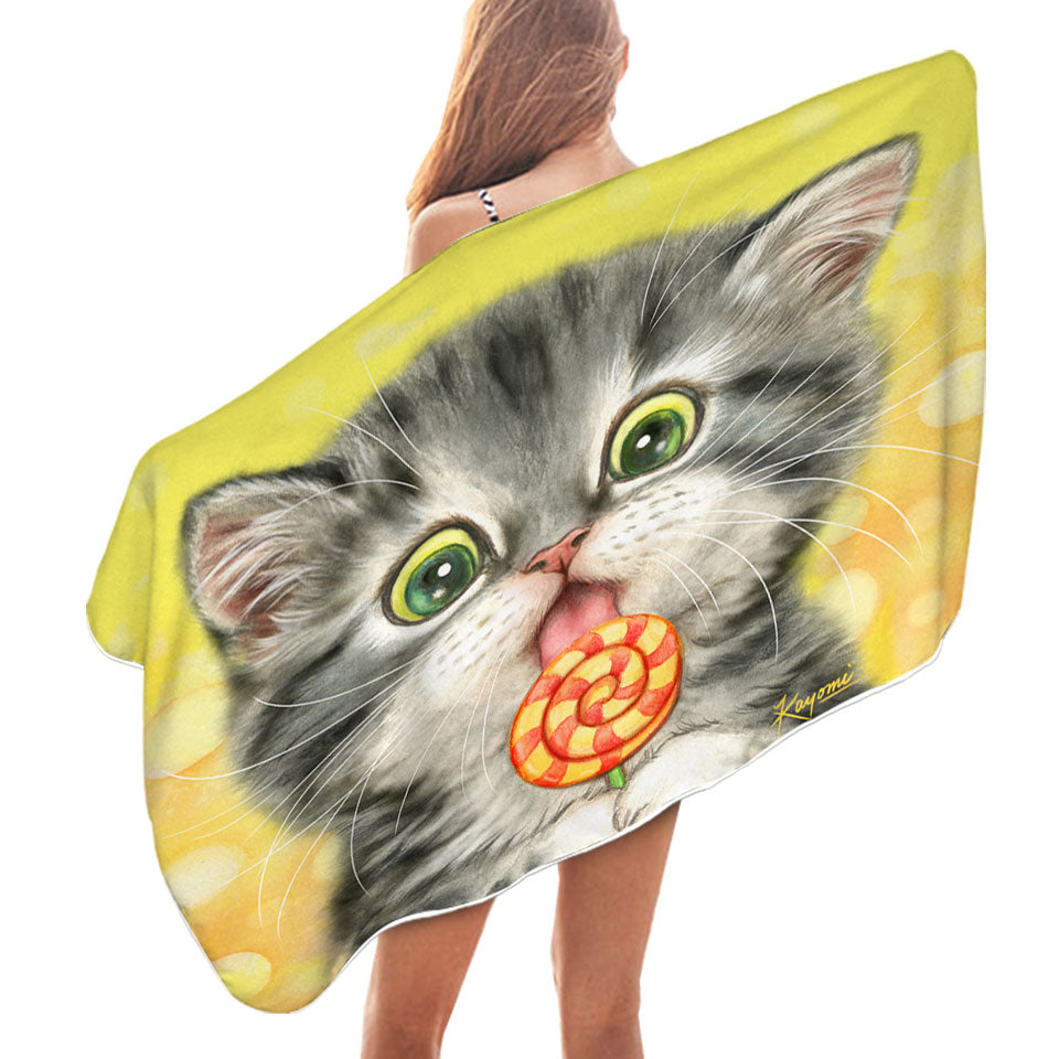 Funny Kids Designs Beach Towel Licking Lollipop Kitty Cat