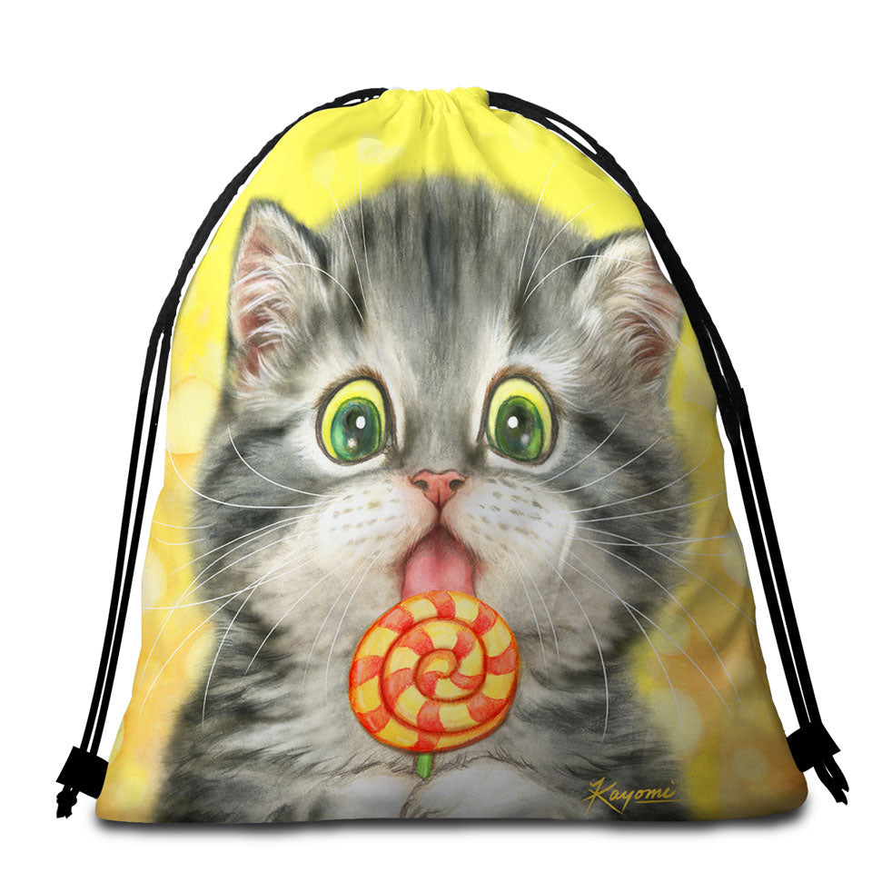 Funny Kids Designs Beach Towels and Bags Set Licking Lollipop Kitty Cat