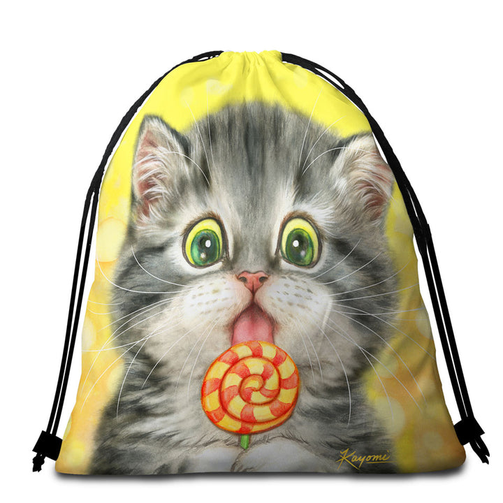 Funny Kids Designs Beach Towels and Bags Set Licking Lollipop Kitty Cat