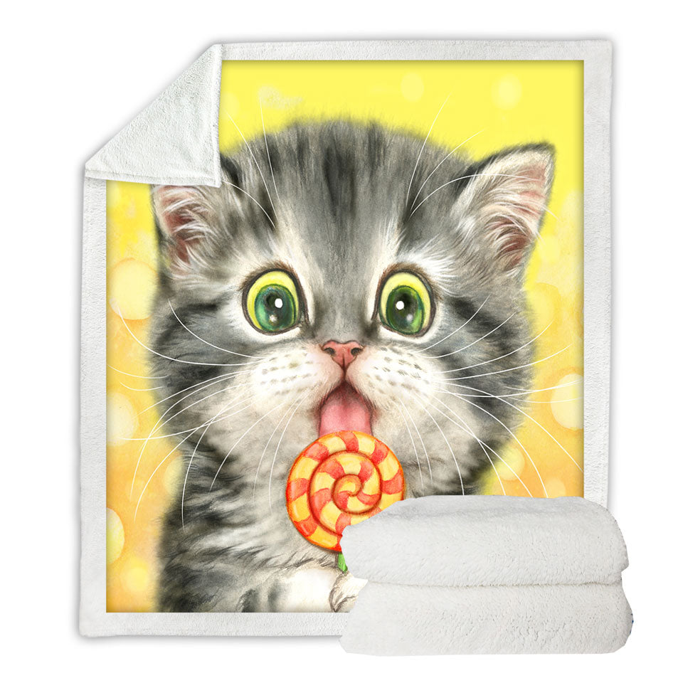 Funny Kids Designs Blankets Licking Lollipop Kitty Cat