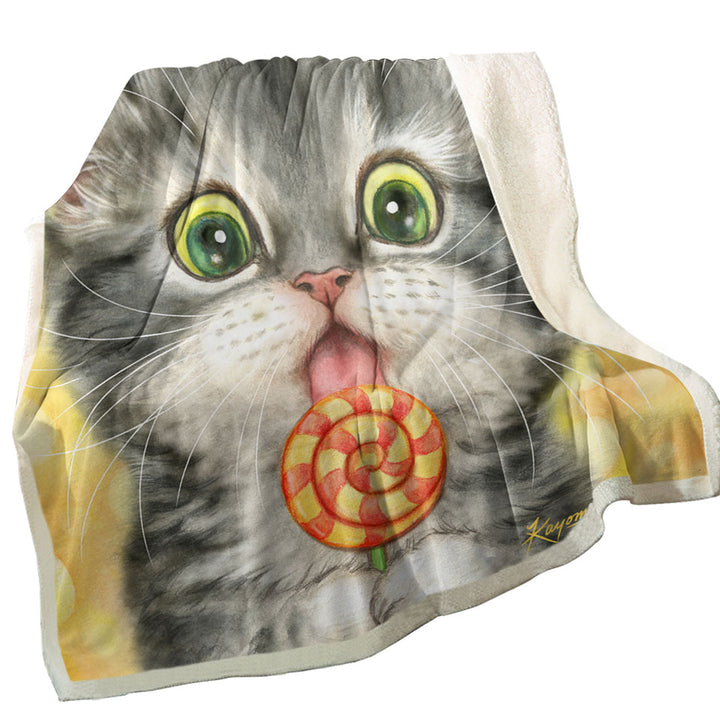 Funny Kids Designs Couch Throws Licking Lollipop Kitty Cat