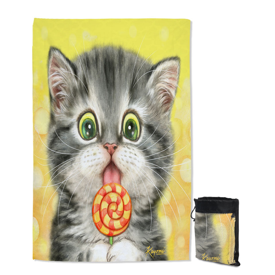 Funny Kids Designs Microfiber Towels For Travel Licking Lollipop Kitty Cat