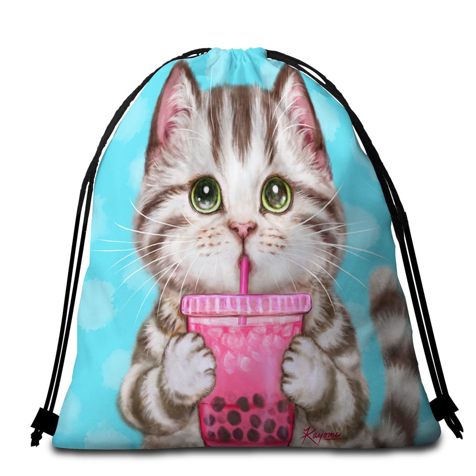 Funny Kittens Beach Towel Bags Adorable Grey Tabby Cat Enjoying Tea