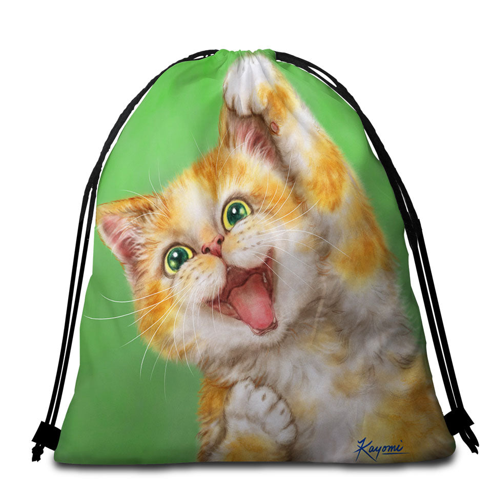 Funny Kittens Beach Towel Pack Joyful Ginger Kitty Cat over Green