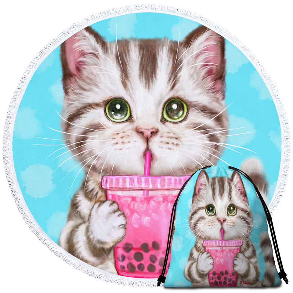 Funny Kittens Beach Towels Adorable Grey Tabby Cat Enjoying Tea
