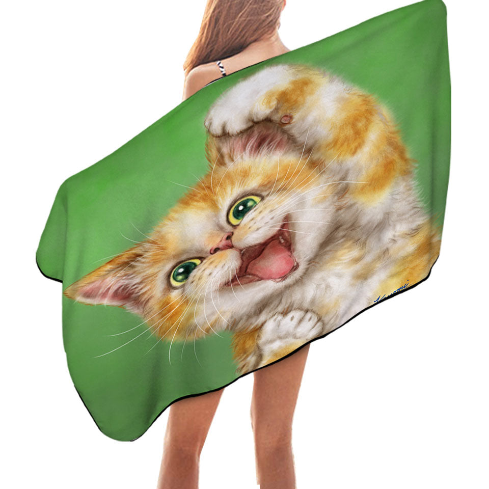 Funny Kittens Beach Towels Joyful Ginger Kitty Cat over Green