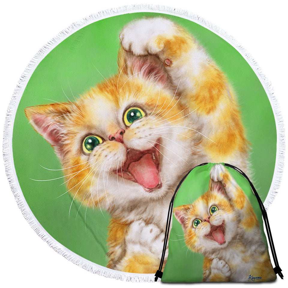 Funny Kittens Beach Towels and Bags Set Joyful Ginger Kitty Cat over Green