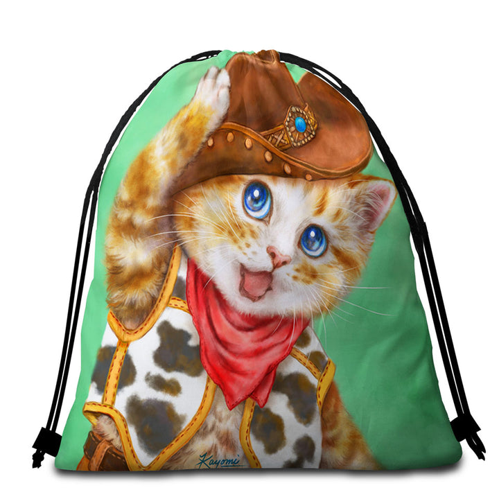 Funny Kittens Cute Cowboy Beach Towels and Bags Set for Children Ginger Cat