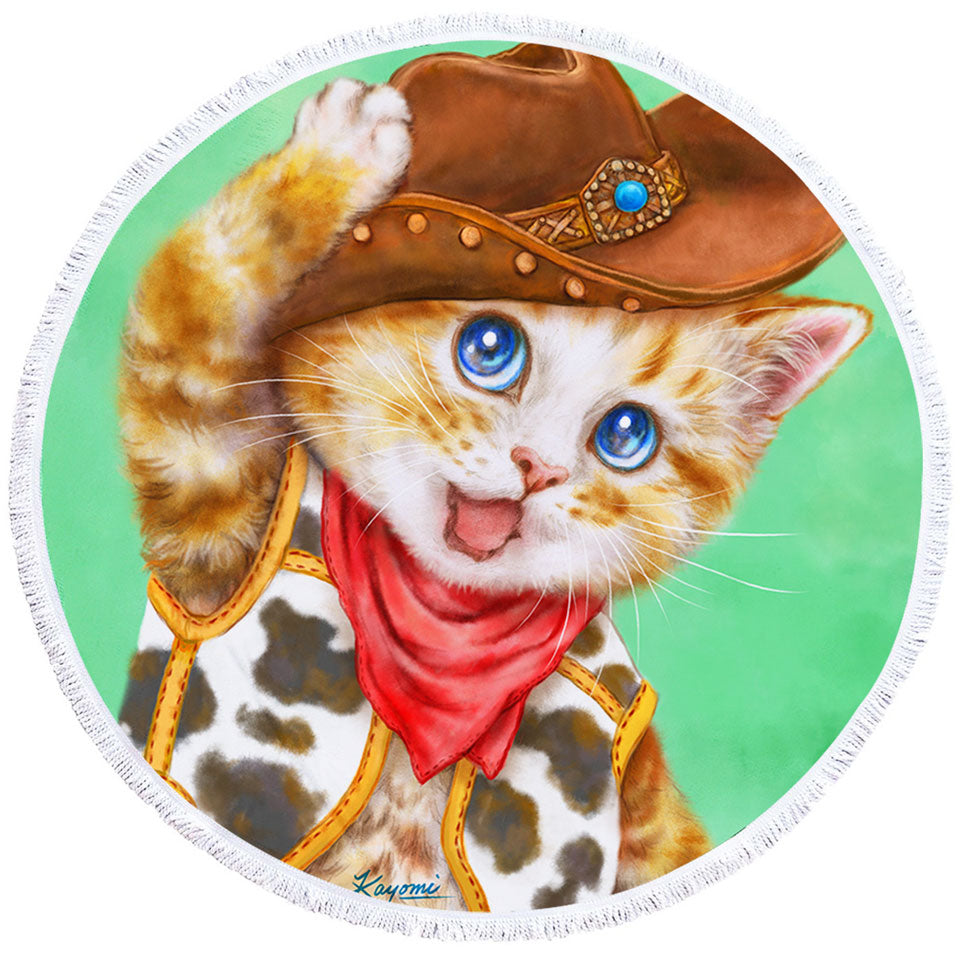 Funny Kittens Cute Cowboy Round Towels for Kids Ginger Cat