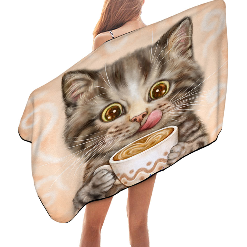Funny Kittens Drinking Hot Chocolate Tabby Cat Quick Dry Beach Towel