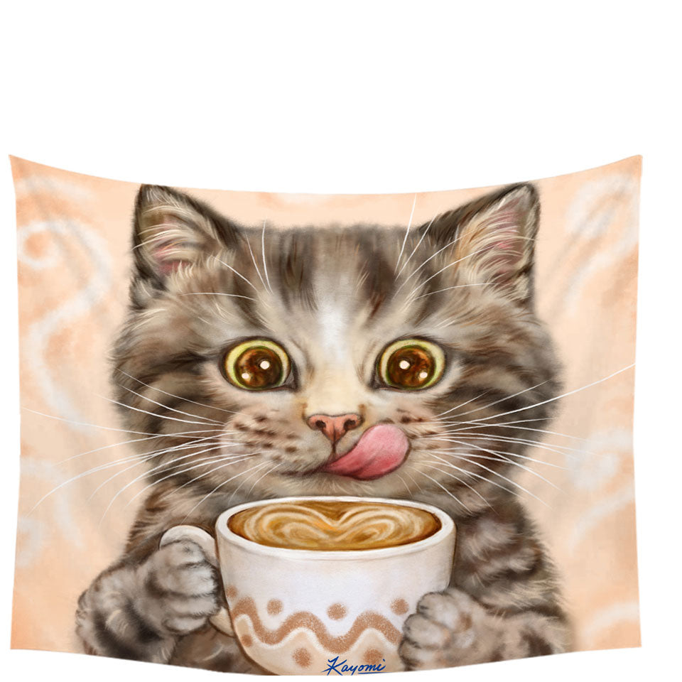 Funny Kittens Drinking Hot Chocolate Tabby Cat Tapestry Wall Hanging