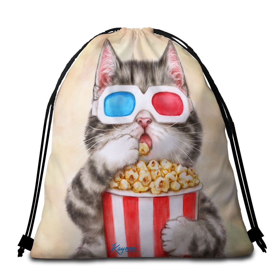 Funny Kittens Eating Popcorn Grey Kitty Cat Beach Towels and Bags Set