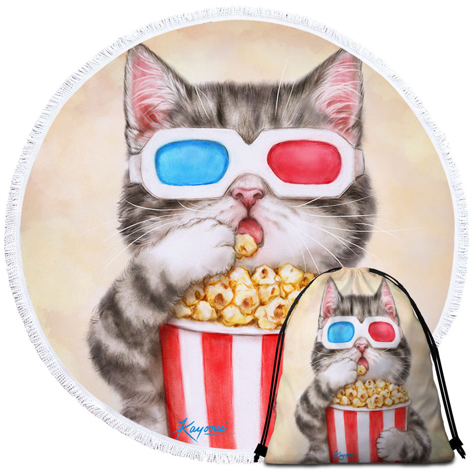 Funny Kittens Eating Popcorn Grey Kitty Cat Circle Beach Towel