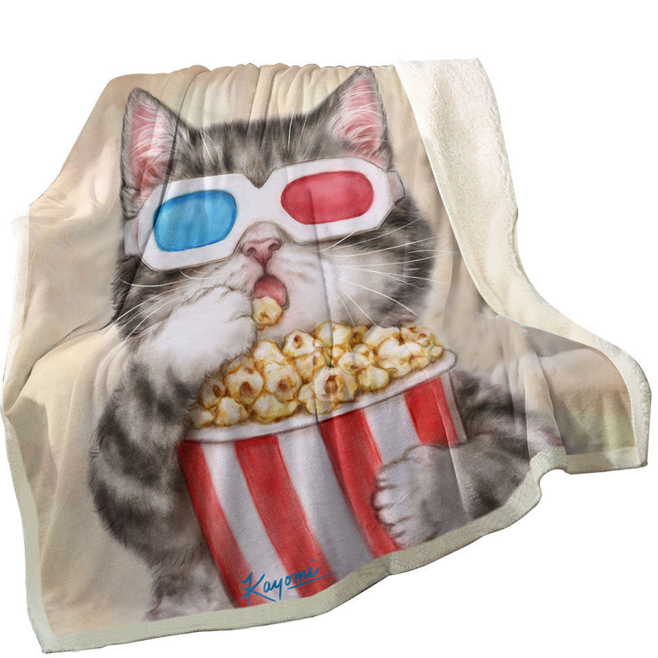 Funny Kittens Eating Popcorn Grey Kitty Cat Fleece Blanket