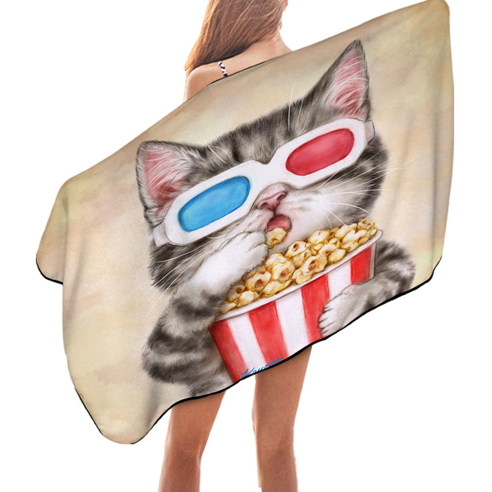 Funny Kittens Eating Popcorn Grey Kitty Cat Microfibre Beach Towels