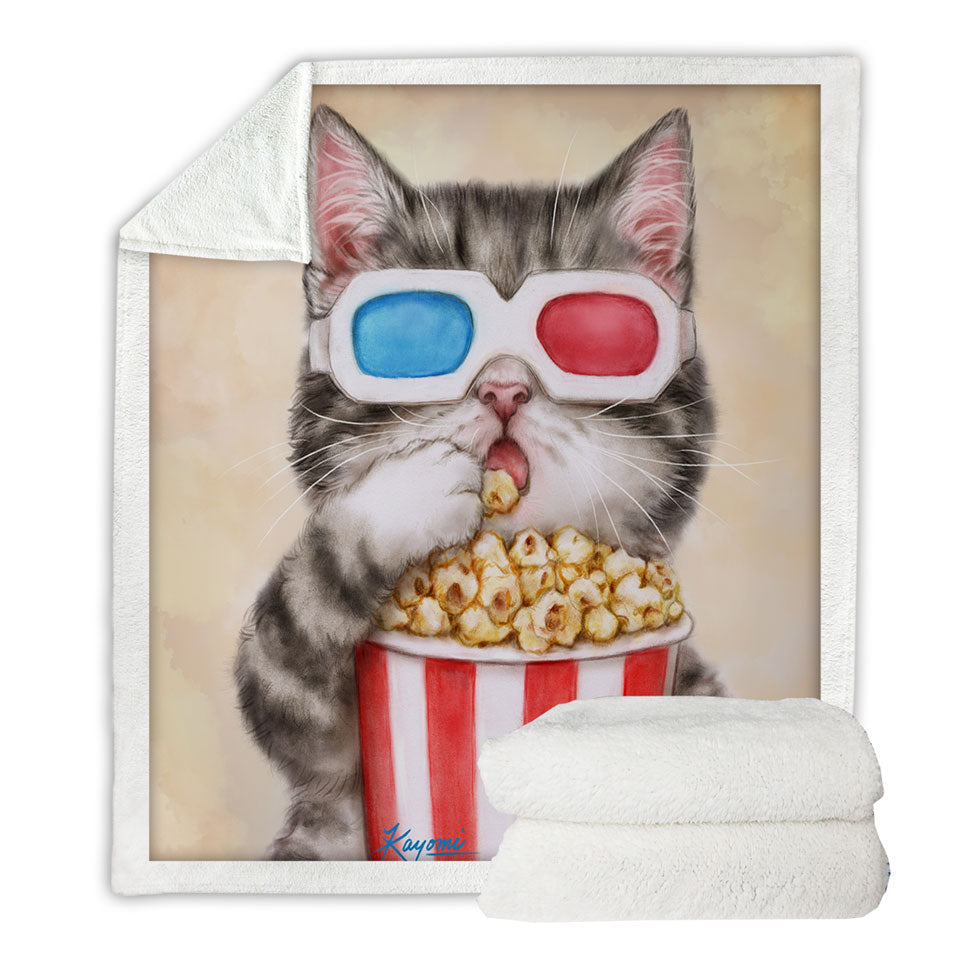 Funny Kittens Eating Popcorn Grey Kitty Cat Throw Blanket
