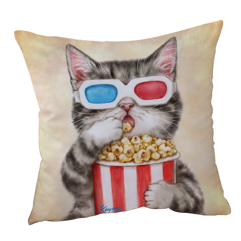 Funny Kittens Eating Popcorn Grey Kitty Cat Throw Pillow and Cushion