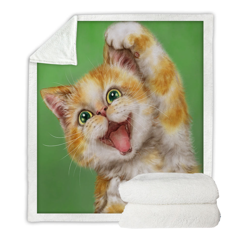 Funny Kittens Fleece Blankets joyful Ginger Kitty Cat over Green
