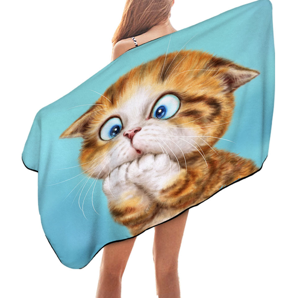 Funny Kittens Microfiber Beach Towel Worried Ginger Kitty Cat over Blue