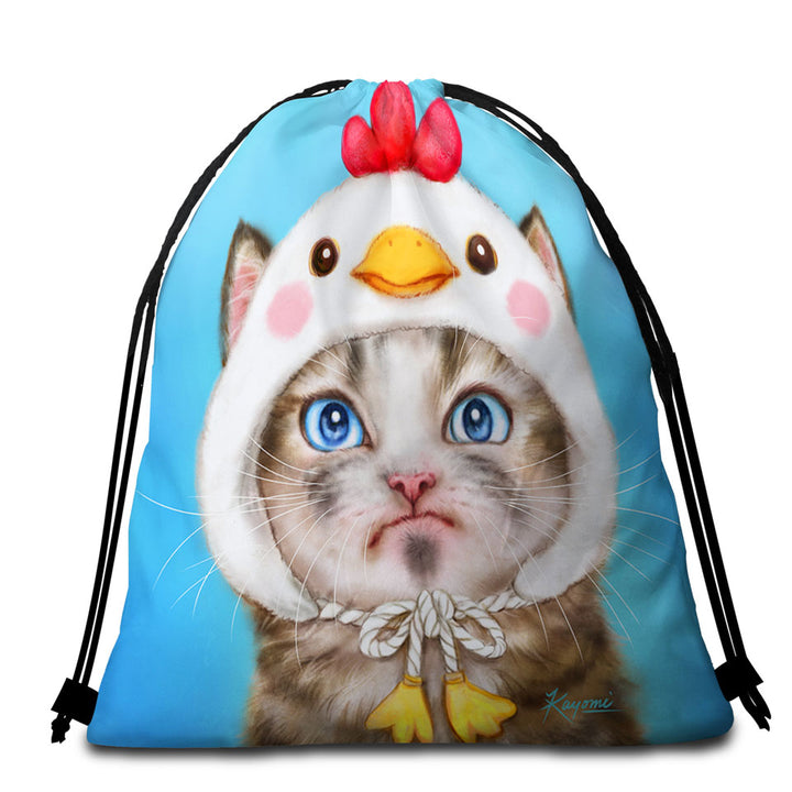 Funny Kittens Packable Beach Towel Unpleased Cat Dressed as a Bird Chick