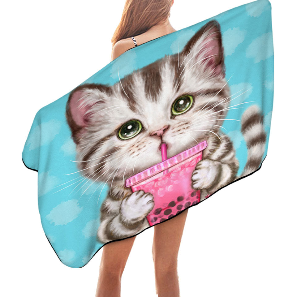 Funny Kittens Pool Towels Adorable Grey Tabby Cat Enjoying Tea