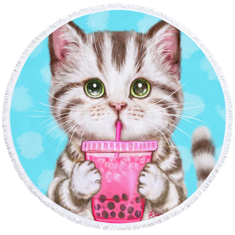 Funny Kittens Round Beach Towel Adorable Grey Tabby Cat Enjoying Tea