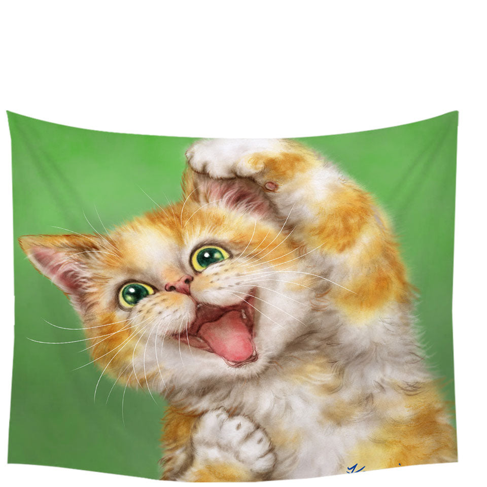 Funny Kittens Tapestry Joyful Ginger Kitty Cat over Green Wall Decor