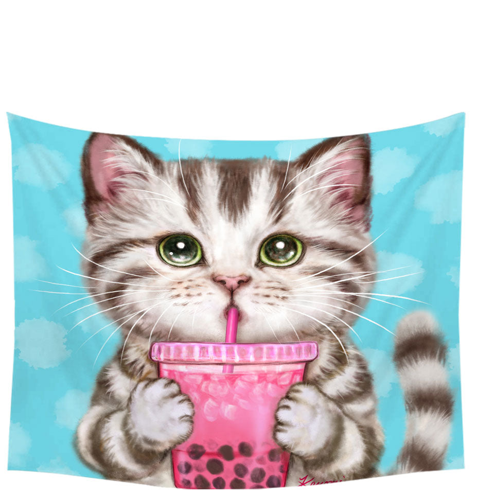 Funny Kittens Tapestry Wall Decor Adorable Grey Tabby Cat Enjoying Tea