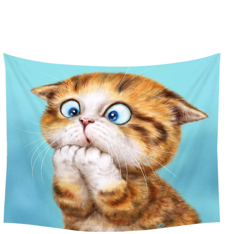 Funny Kittens Tapestry Wall Hanging Worried Ginger Kitty Cat over Blue Wall Decor