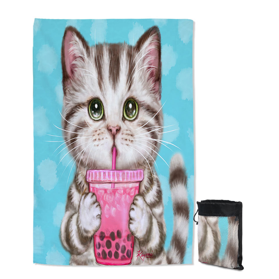 Funny Kittens Thin Beach Towels Adorable Grey Tabby Cat Enjoying Tea