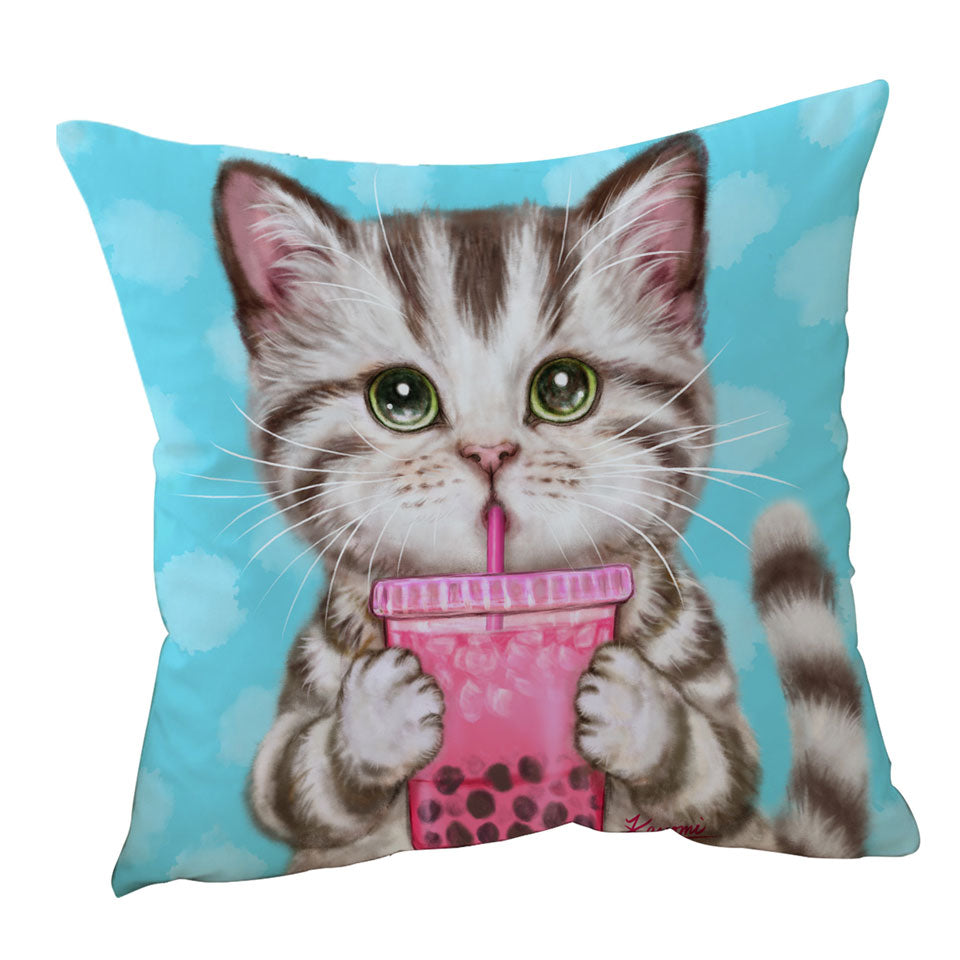 Funny Kittens Throw Pillow Adorable Grey Tabby Cat Enjoying Tea