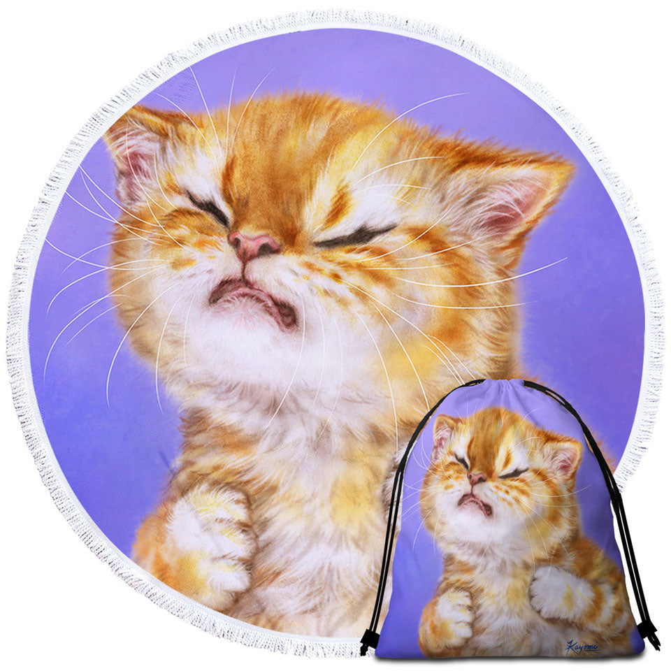 Funny Kittens Unique Beach Towels Upset Ginger Kitty Cat over Purple