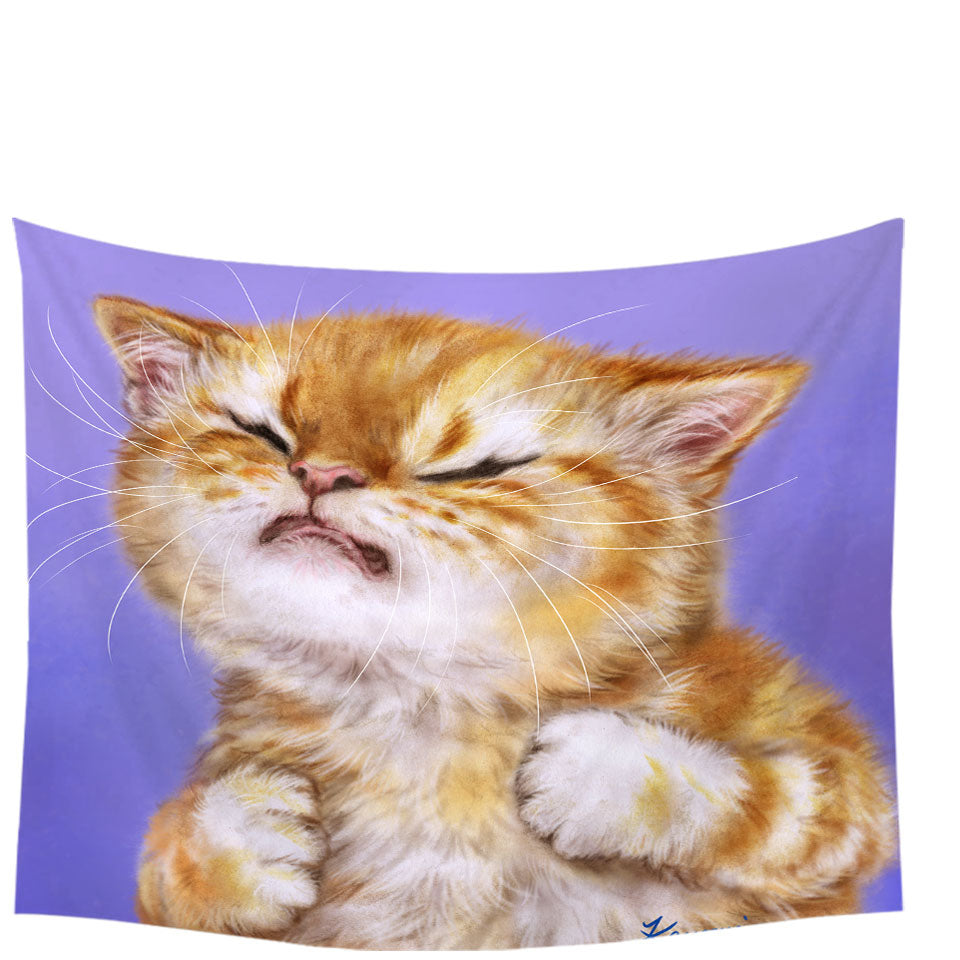 Funny Kittens Wall Decor Upset Ginger Kitty Cat over Purple Tapestry