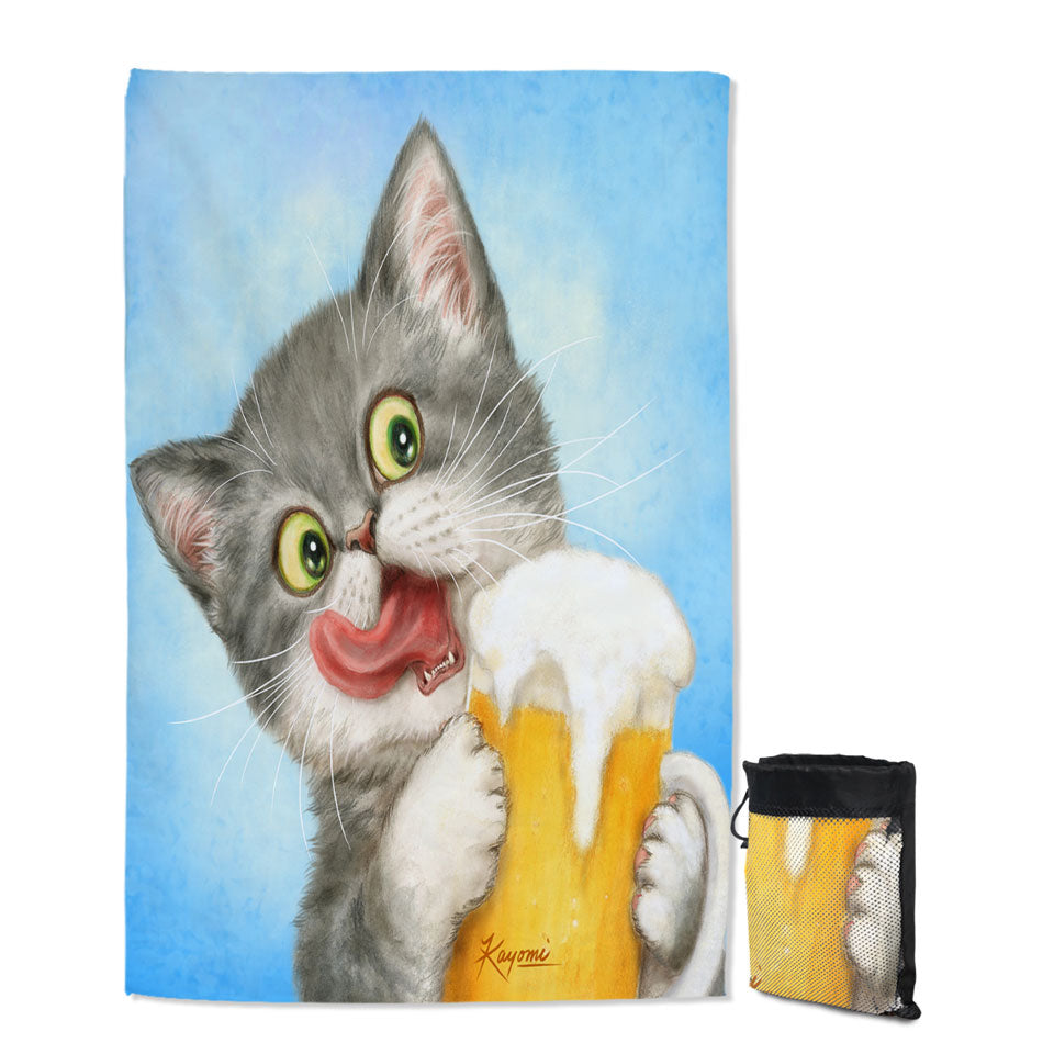 Funny Lightweight Beach Towel Cats Art Crazy for Beer Grey Kitten