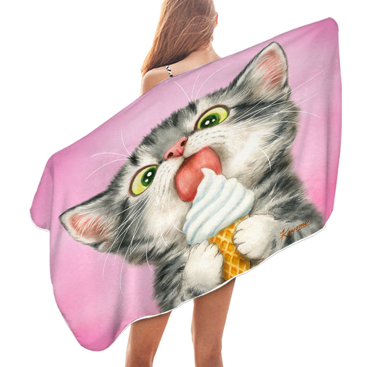 Funny Microfiber Beach Towel Cute Cats Art Licking Ice Cream Kitten