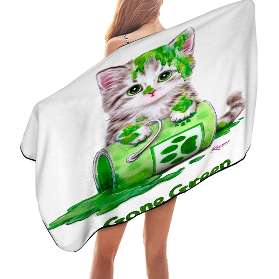 Funny Microfiber Beach Towel Cute Cats Gone Green Tabby Kitten
