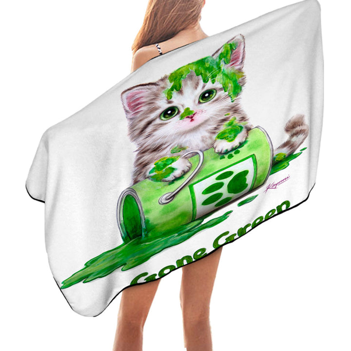 Funny Microfiber Beach Towel Cute Cats Gone Green Tabby Kitten