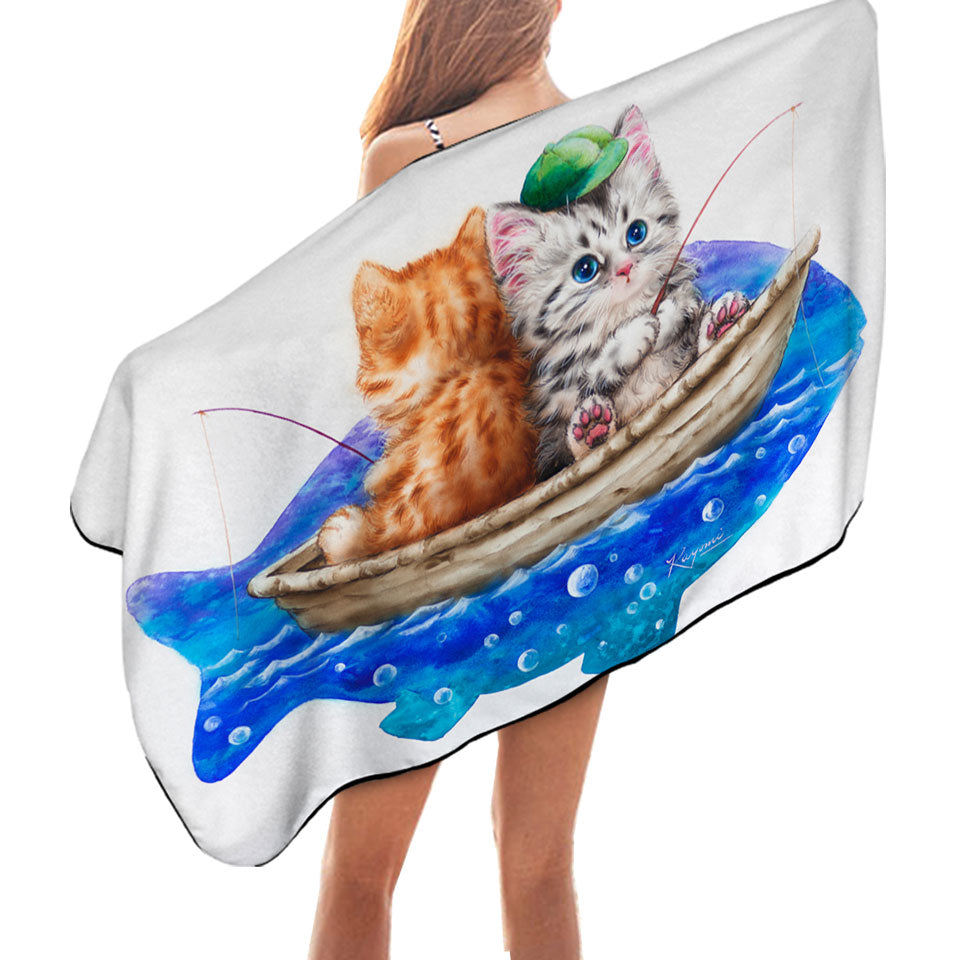 Funny Microfiber Beach Towels Cats Art Drawing Fishing Buddies Kittens