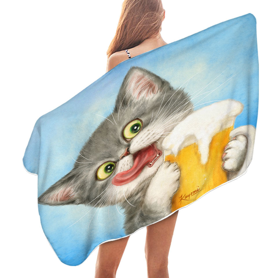 Funny Microfibre Beach Towels Cats Art Crazy for Beer Grey Kitten