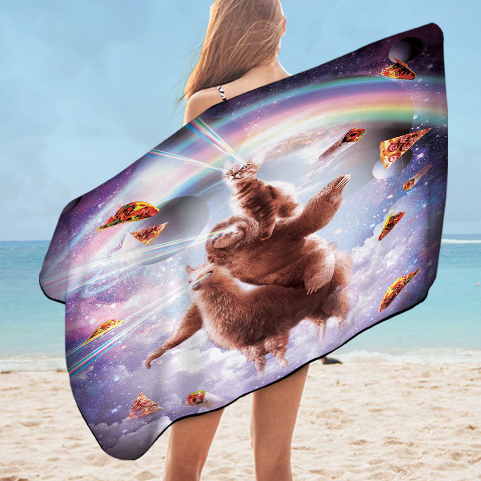 Funny Microfibre Beach Towels Crazy Art Space Cat Riding a Sloth Riding a Llama