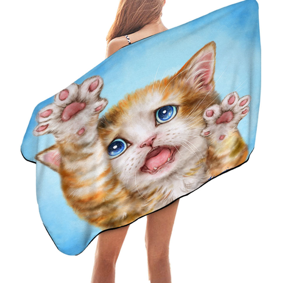 Funny Microfibre Beach Towels with Kittens Stressed Ginger Kitty Cat over Blue