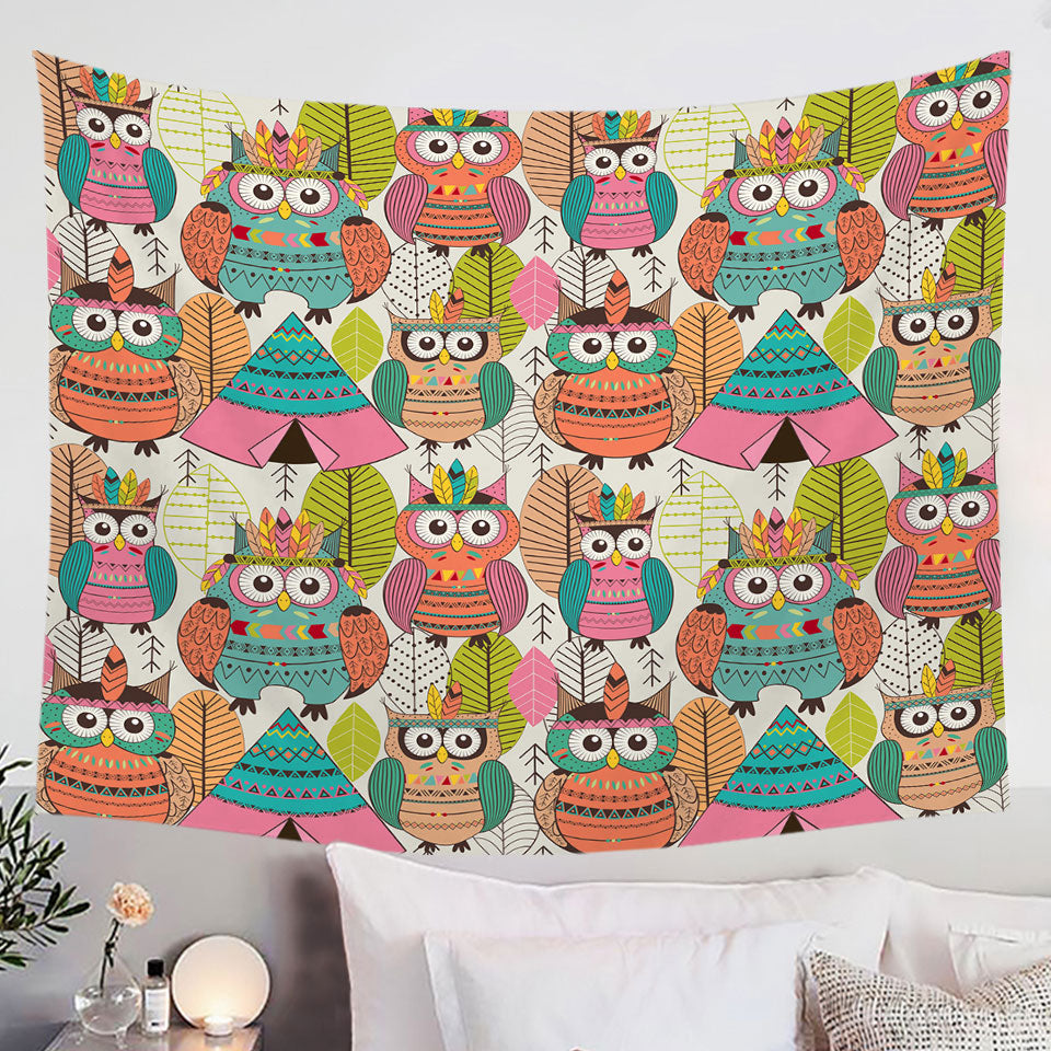 Funny Native American Owls Wall Decor Tapestry