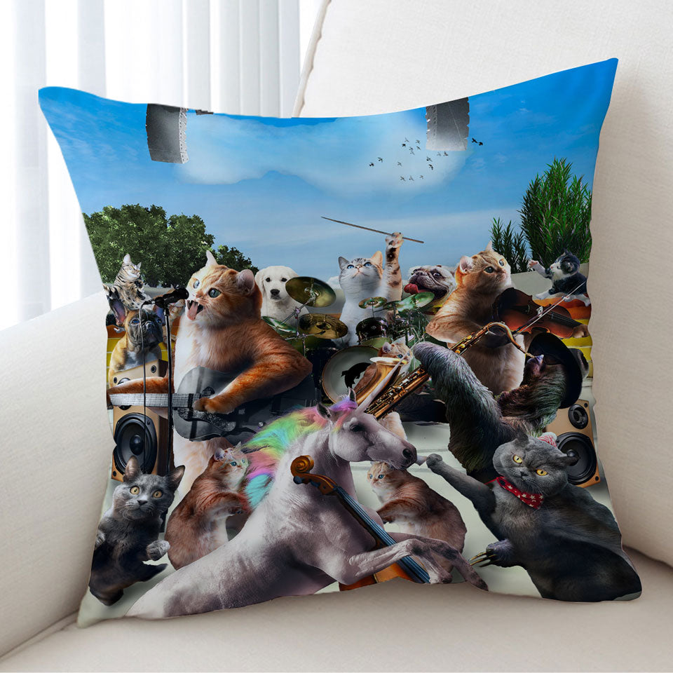 Funny Orchestra Concert Unicorn and Cats Cushion Cover