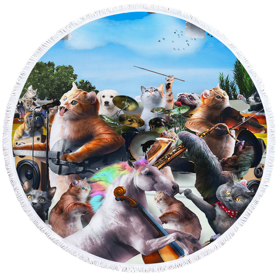 Funny Orchestra Concert Unicorn and Cats Round Beach Towel