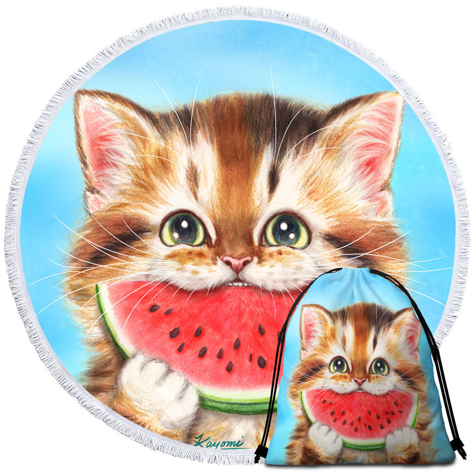 Funny Paintings Beach Towels and Bags Set Watermelon Love Hungry Kitten